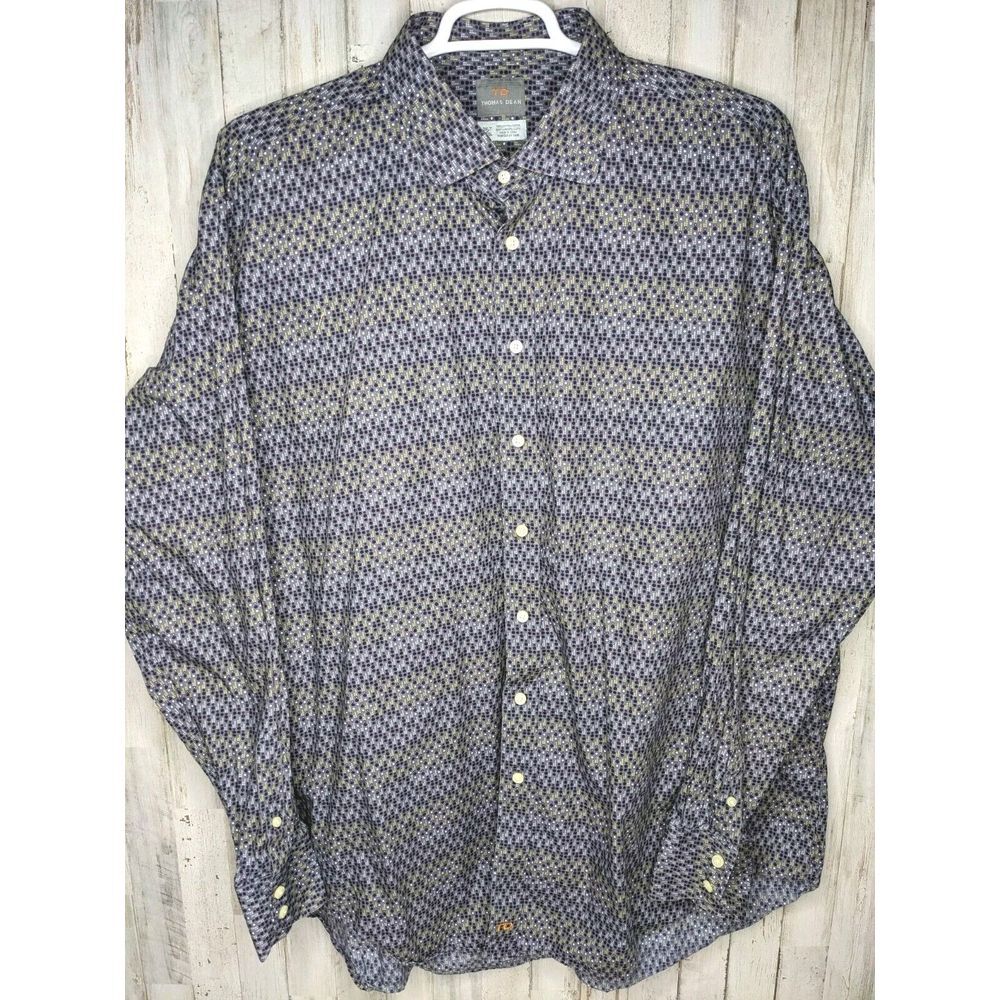 THOMAS DEAN 3XLT Shirt Tall Gray Purple Blue Geometric Flip‎ Cuff Button Up
